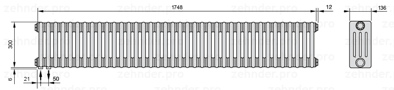 Схема (чертеж) Радиатор Zehnder Charleston 4030/38 №3370 Белый глянцевый RAL 9016